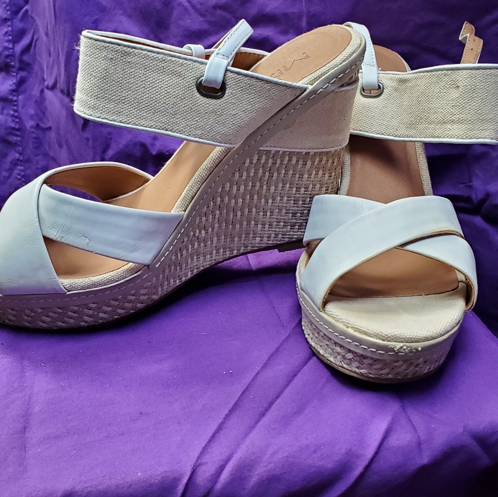 White Leather and Canvas Wedges